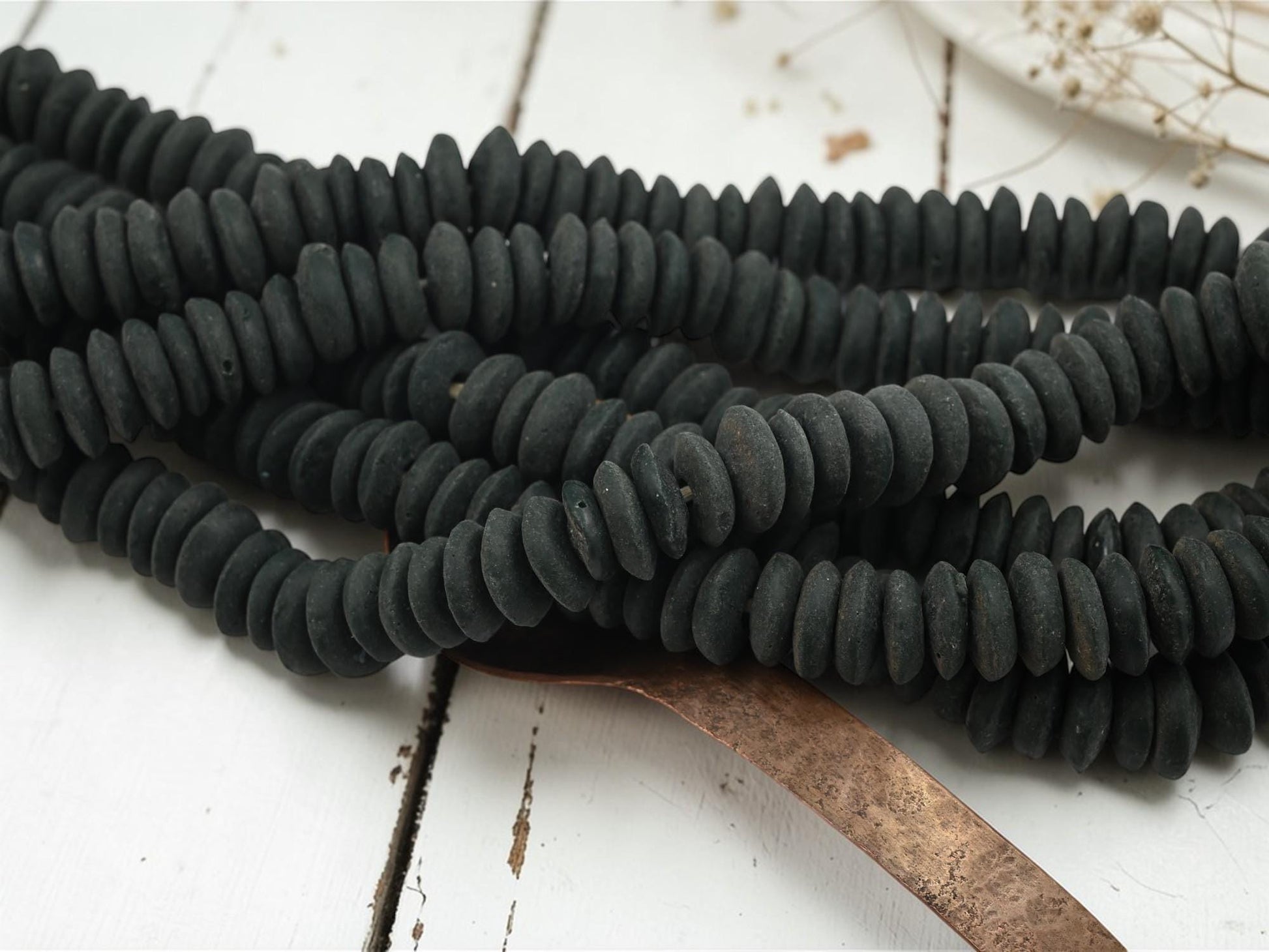 Africa Ghana Recycled Glass Ashanti Heishi Beads - Weathered Black - 13-15mm - 10" Strand - (J61)