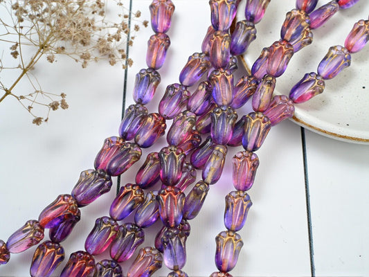 Czech Glass Tulip Flower Beads - Bronze Washed Fuschia Tanzanite - 12pcs - 12x8mm - (2044)