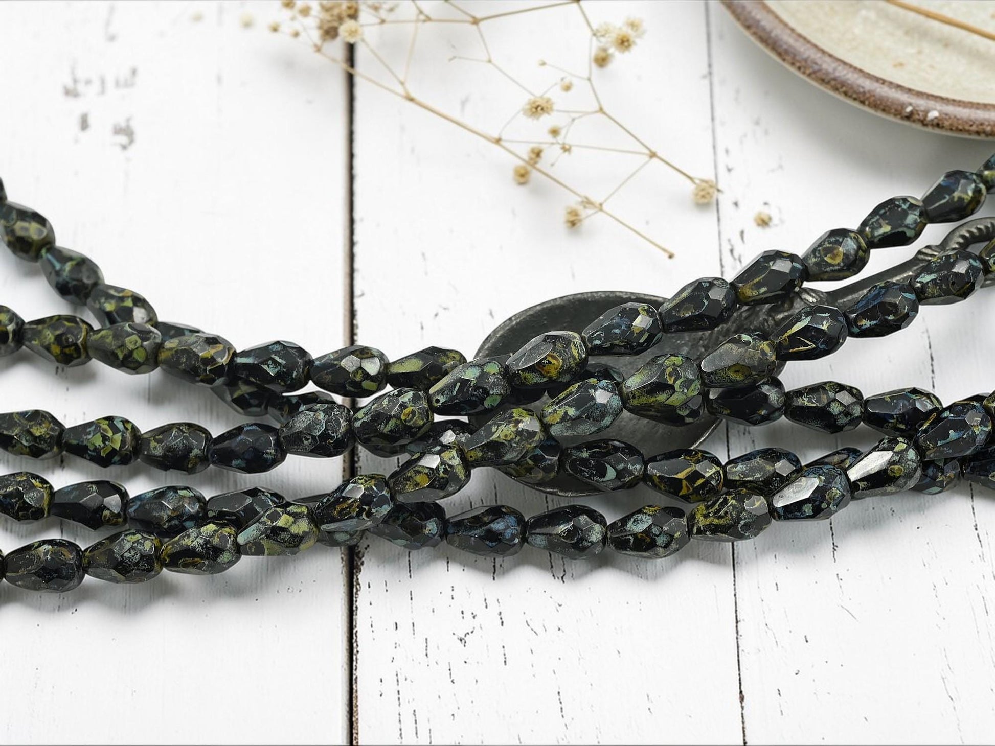 Old Stock Czech Glass Fire Polished Faceted Tear Drop Beads - Jet Travertine - 10x7mm - 21pcs - (A175)