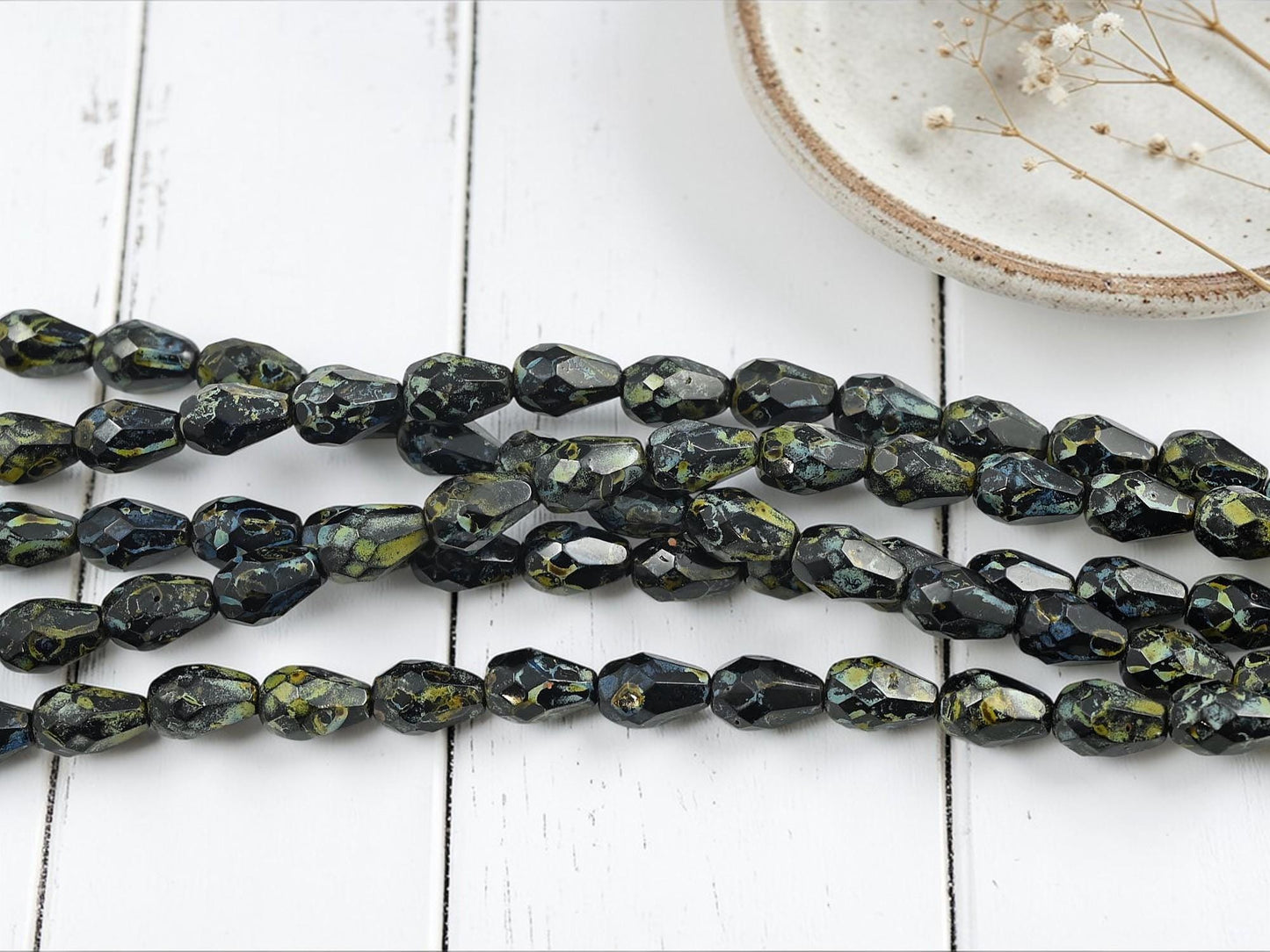 Old Stock Czech Glass Fire Polished Faceted Tear Drop Beads - Jet Travertine - 10x7mm - 21pcs - (A175)