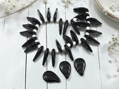 Old Stock Czech Glass Top Hole Leaf Beads - Opaque Jet Black - 25pcs - 12x19mm - (3133)
