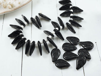 Old Stock Czech Glass Top Hole Leaf Beads - Opaque Jet Black - 25pcs - 12x19mm - (3133)