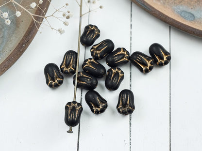 Czech Glass Tulip Flower Beads - Gold Washed Jet Black - 12pcs - 12x8mm - (1191)