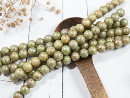 Old Stock Czech Glass Green Luster Picasso Round Druk Beads - 8mm - 16pcs - (2711)