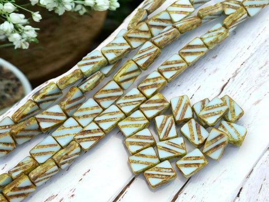 Old Stock Vintage Czech Glass Table Cut Rectangle Beads - Robins Egg Blue Travertine - 12x8mm - 15pcs - (619)