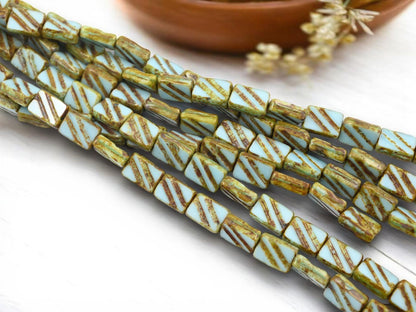 Old Stock Vintage Czech Glass Table Cut Rectangle Beads - Robins Egg Blue Travertine - 12x8mm - 15pcs - (619)