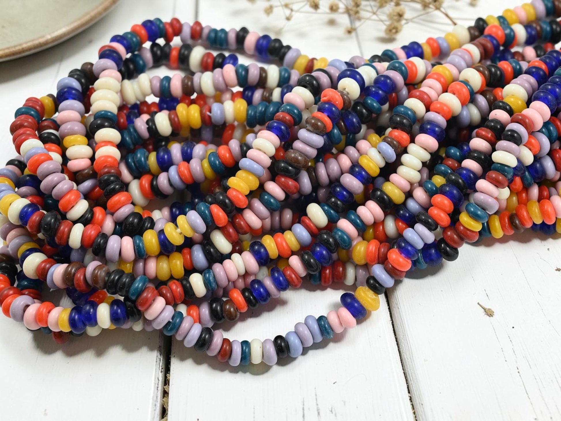 Indonesian Java Glass Beads - Donut Shape - Multicolored - Approx 4x7mm - 20" Strand - (B650)