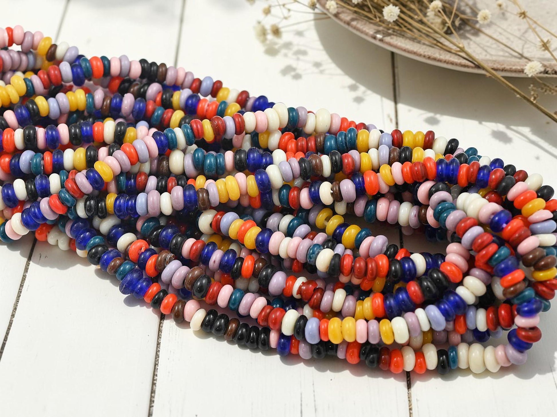 Indonesian Java Glass Beads - Donut Shape - Multicolored - Approx 4x7mm - 20" Strand - (B650)