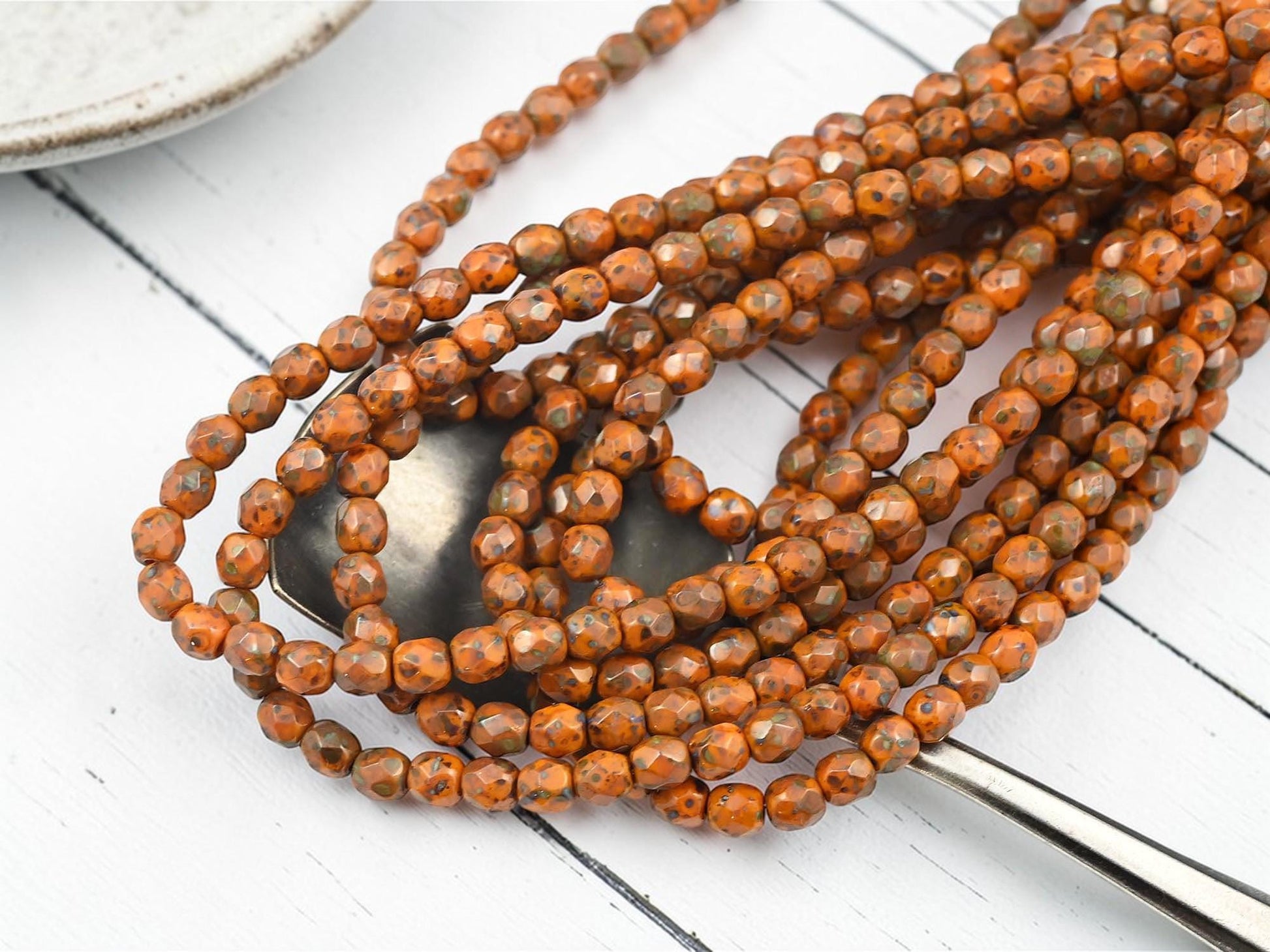 4mm Czech Glass Faceted Fire Polished Round Beads - Butternut Orange Picasso - 50pcs - (3220)