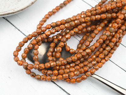 4mm Czech Glass Faceted Fire Polished Round Beads - Butternut Orange Picasso - 50pcs - (3220)