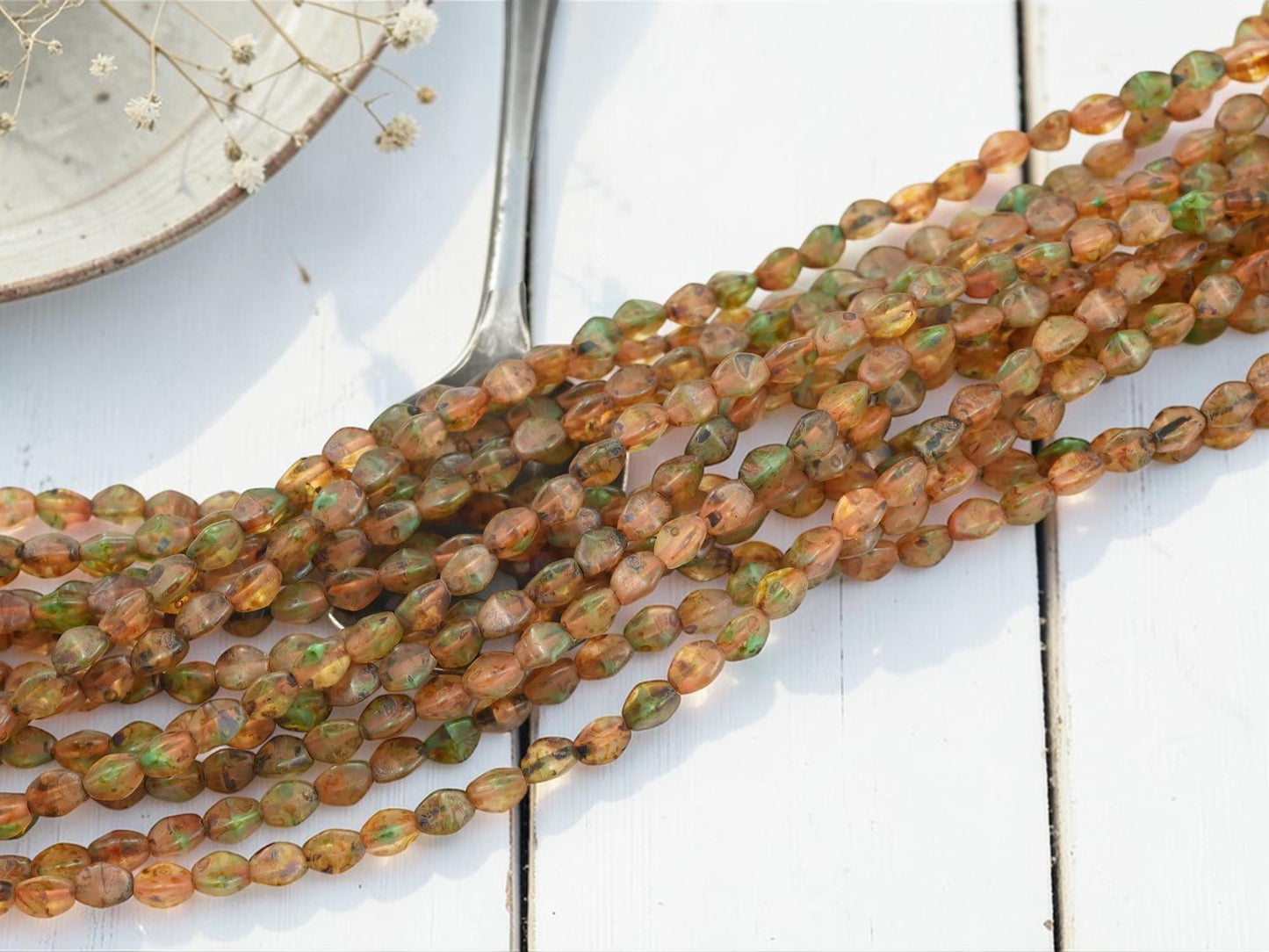 Old Stock Czech Glass Pinch Beads - Matte Topaz Turquoise Picasso - 5x4mm - 8" Strand - 38pcs - (B596)