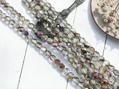 7mm Old Stock Czech Glass Faceted Fire Polished Round Beads - Crystal Bronze Rainbow - 30pcs - (A421)