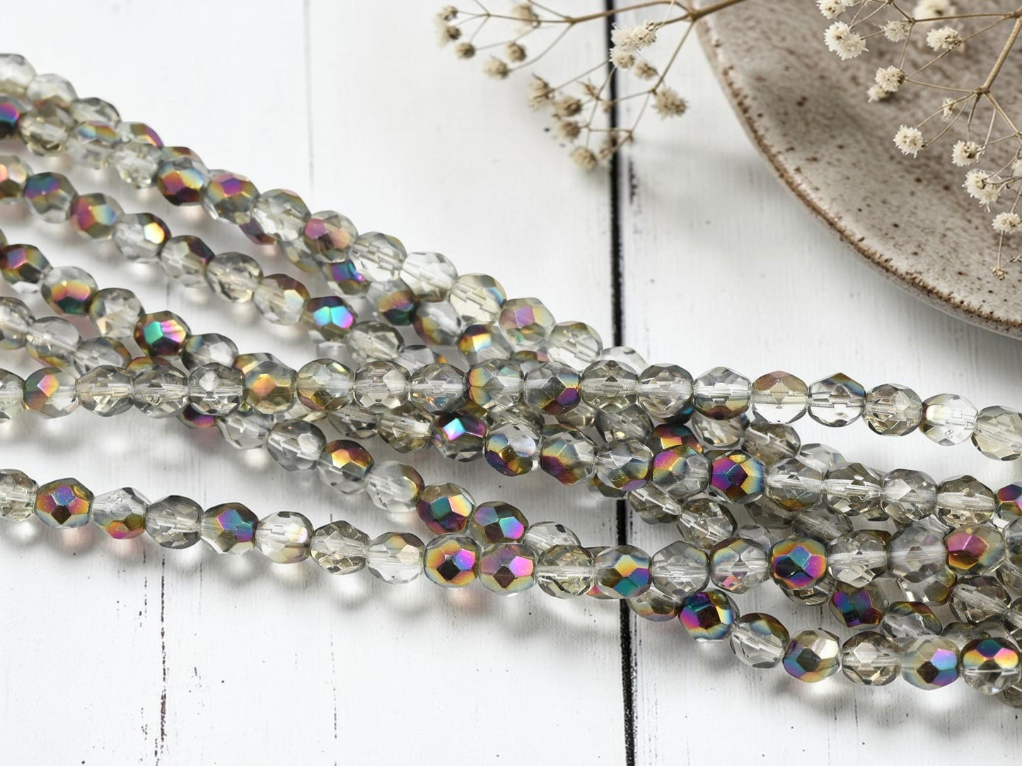7mm Old Stock Czech Glass Faceted Fire Polished Round Beads - Crystal Bronze Rainbow - 30pcs - (A421)