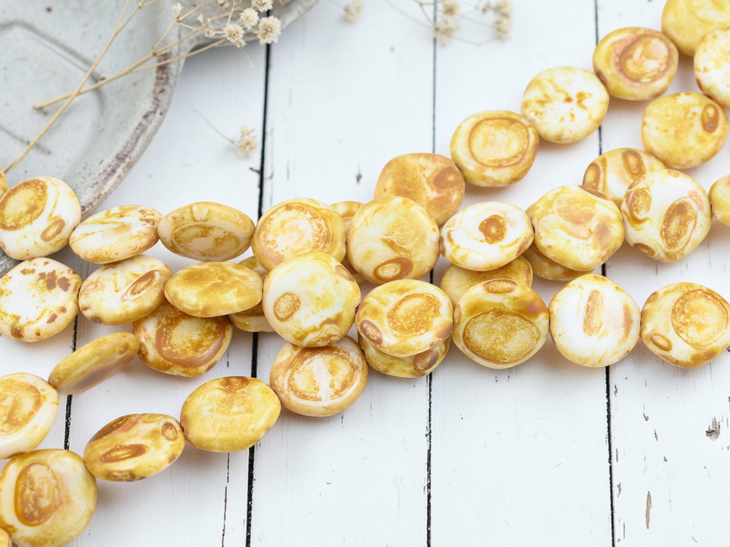 Old Stock Czech Glass Organic Shaped Coin Beads - Alabaster Picasso - 11 Beads - (5163)