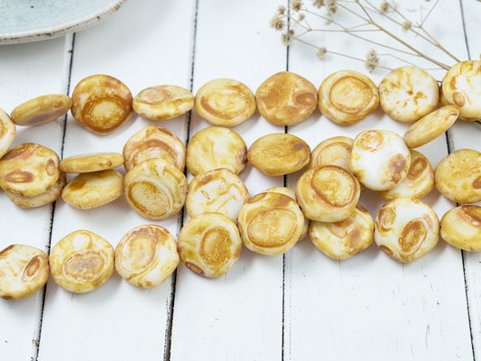 Old Stock Czech Glass Organic Shaped Coin Beads - Alabaster Picasso - 11 Beads - (5163)