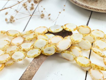 Old Stock Czech Glass Table Cut Oval Beads - White Opal Travertine - 20x14mm - 11pcs- (5379)