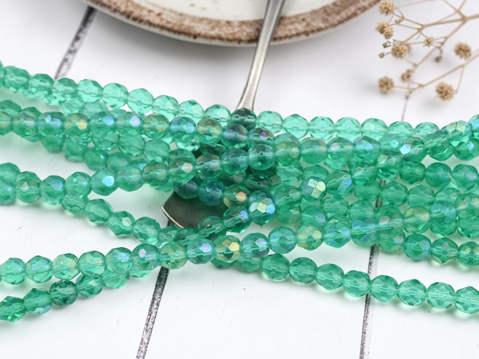 7mm Old Stock Czech Glass Faceted Fire Polished Round Beads - Sea Green Rainbow Luster - 30pcs - (A407)