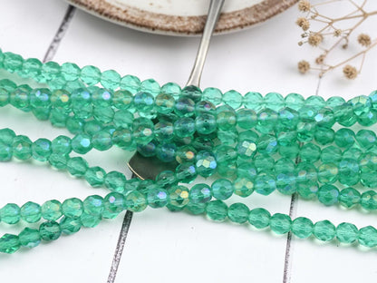 7mm Old Stock Czech Glass Faceted Fire Polished Round Beads - Sea Green Rainbow Luster - 30pcs - (A407)