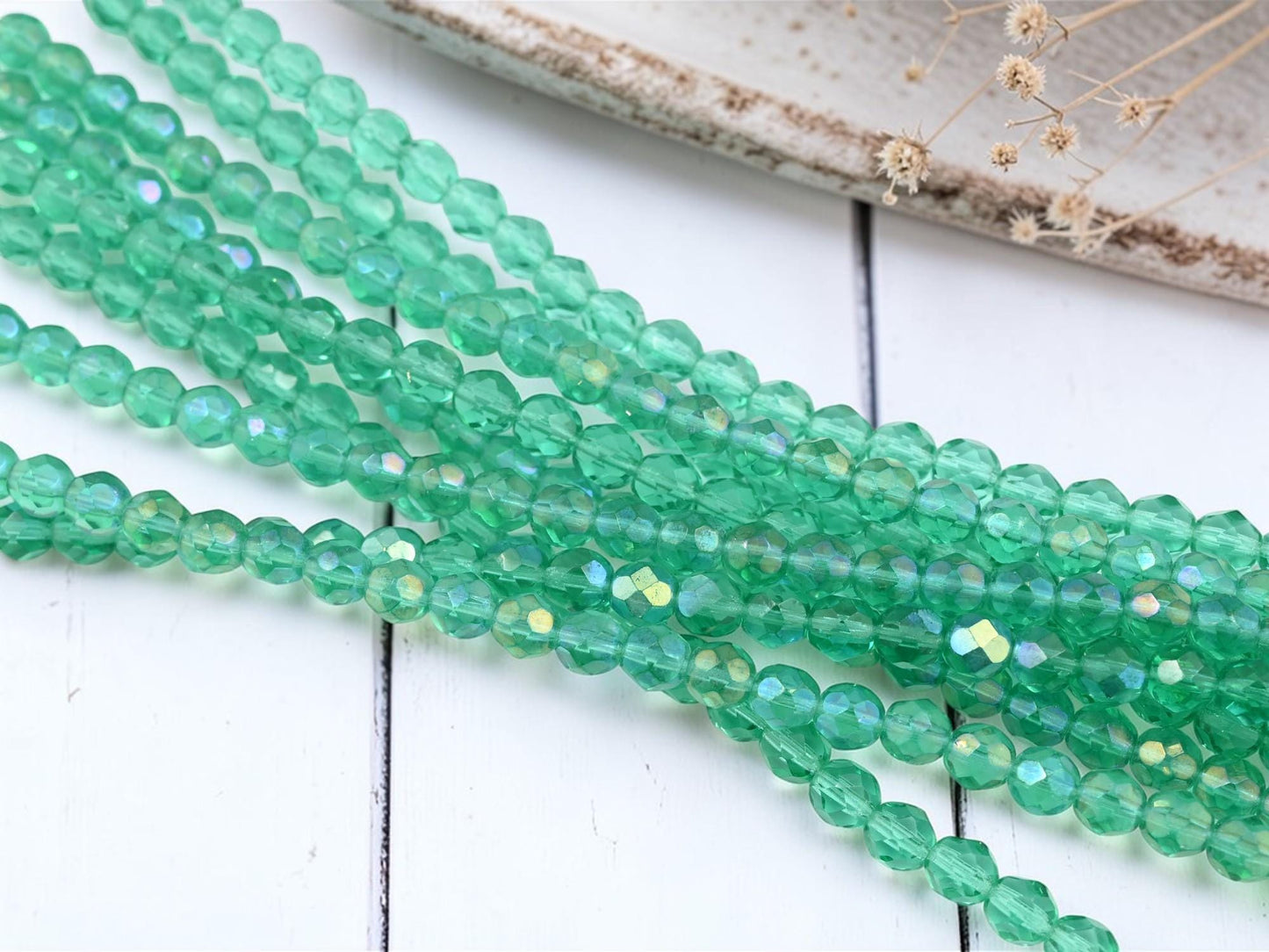 7mm Old Stock Czech Glass Faceted Fire Polished Round Beads - Sea Green Rainbow Luster - 30pcs - (A407)