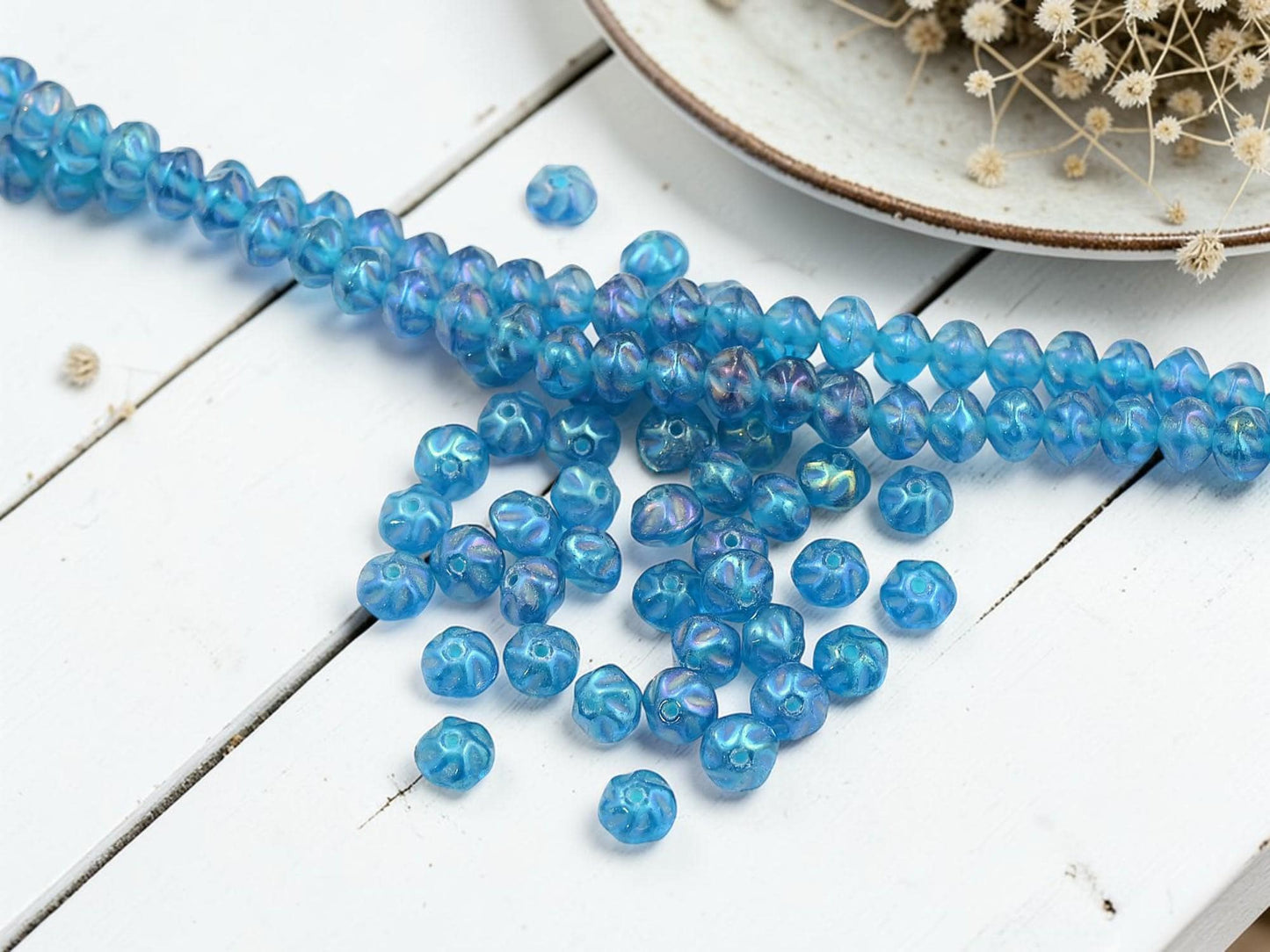 Old Stock Czech Glass Twisted Rondelle Spacer Beads - Capri Blue Iris - 6x4mm - 8" Strand - (4371)