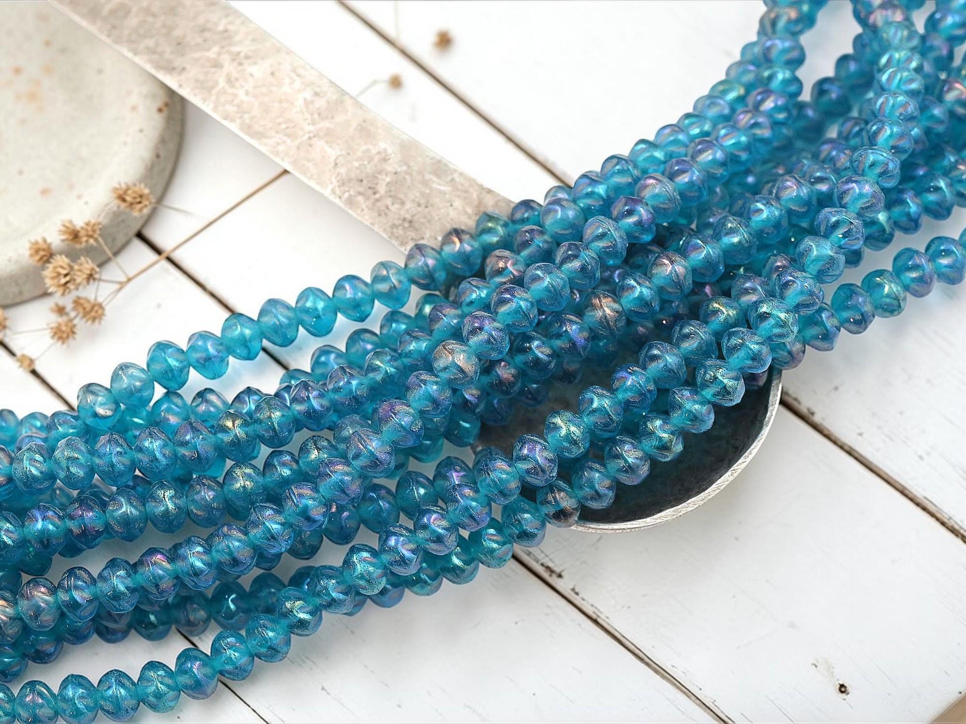 Old Stock Czech Glass Twisted Rondelle Spacer Beads - Capri Blue Iris - 6x4mm - 8" Strand - (4371)