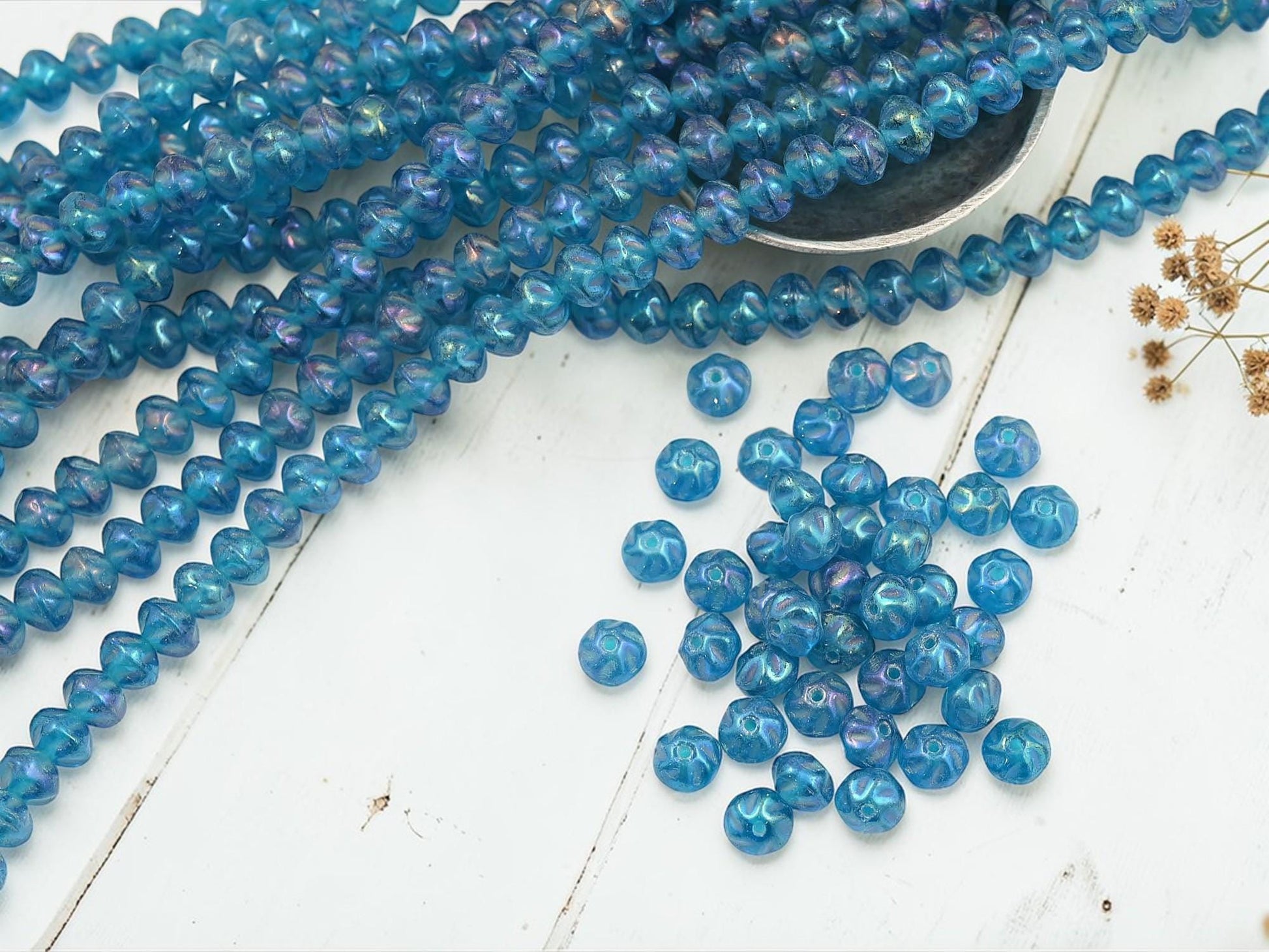 Old Stock Czech Glass Twisted Rondelle Spacer Beads - Capri Blue Iris - 6x4mm - 8" Strand - (4371)
