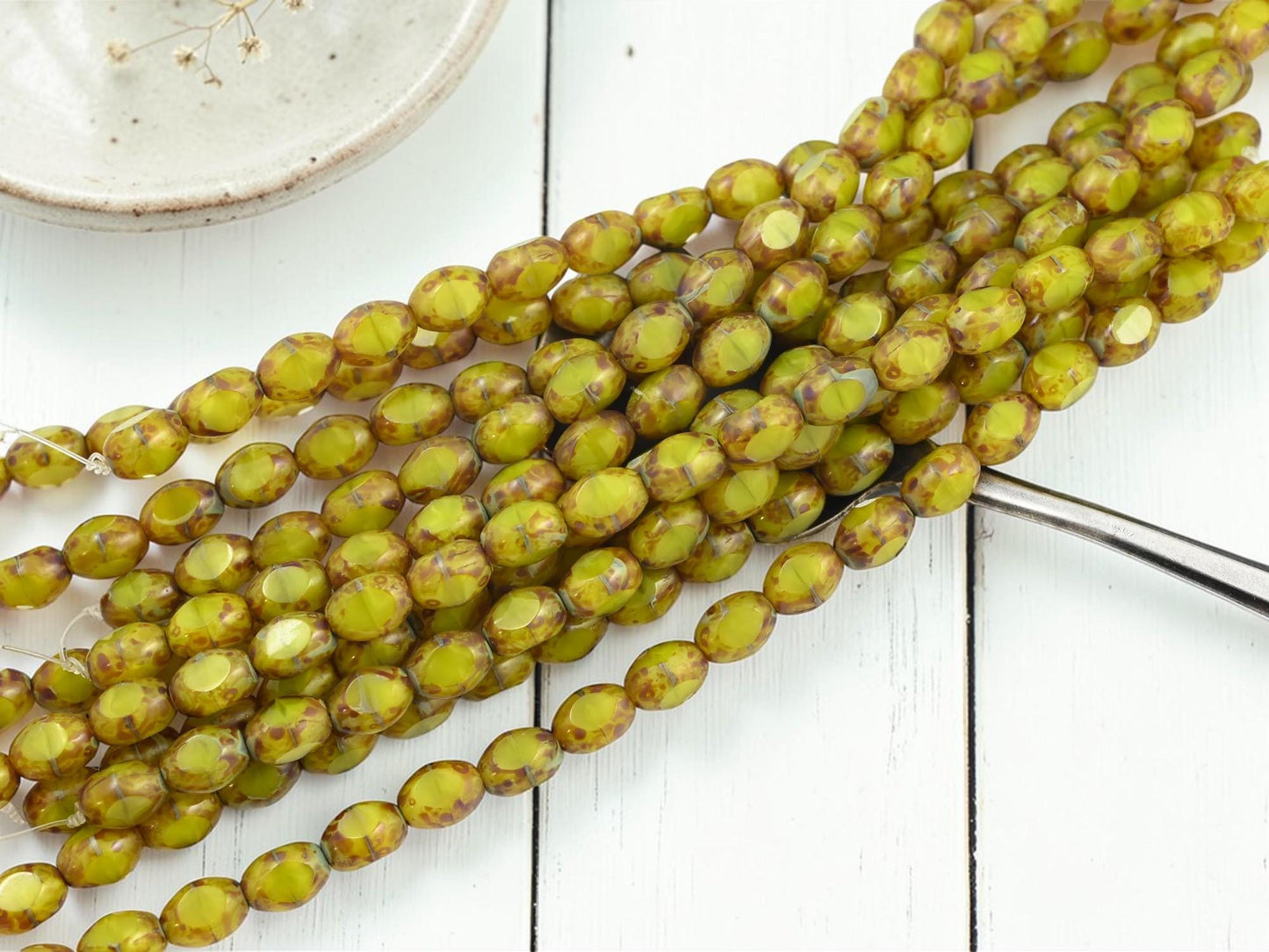 Czech Glass Old Stock Table Cut Oval Window Beads - Yellow Silk Travertine - 6x8mm - 18pcs - (2198)