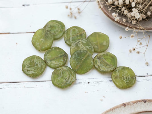 Old Stock Czech Glass Irregular Shaped Coin Beads - Matte Olivine Travertine - 18mm - 11 Beads - (6037)