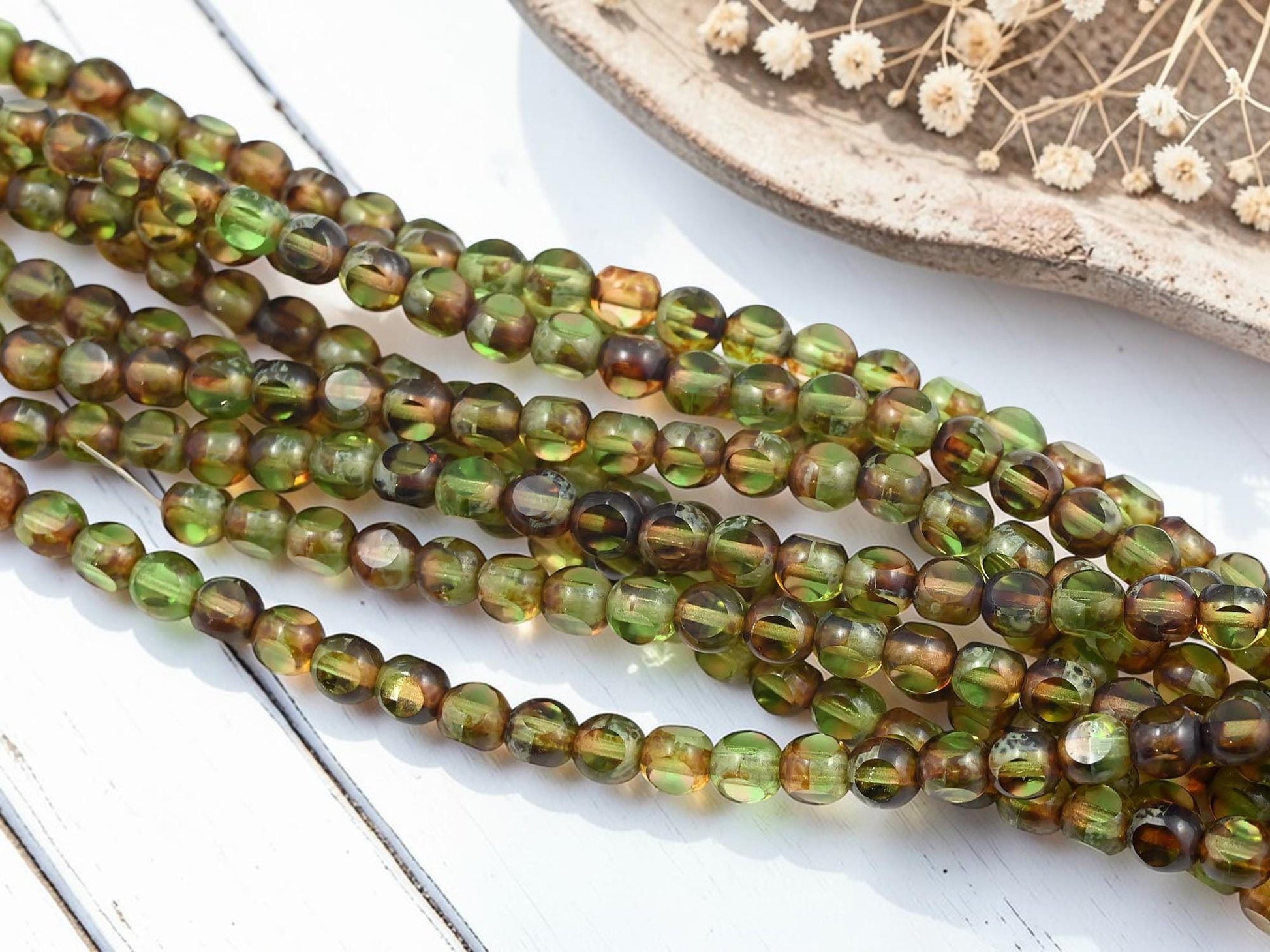 Old Stock Czech Glass 3 Cut Round Glass Beads - Topaz Olivine Picasso - 6mm - 8" Strand - (4194)