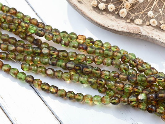 Old Stock Czech Glass 3 Cut Round Glass Beads - Topaz Olivine Picasso - 6mm - 8" Strand - (4194)