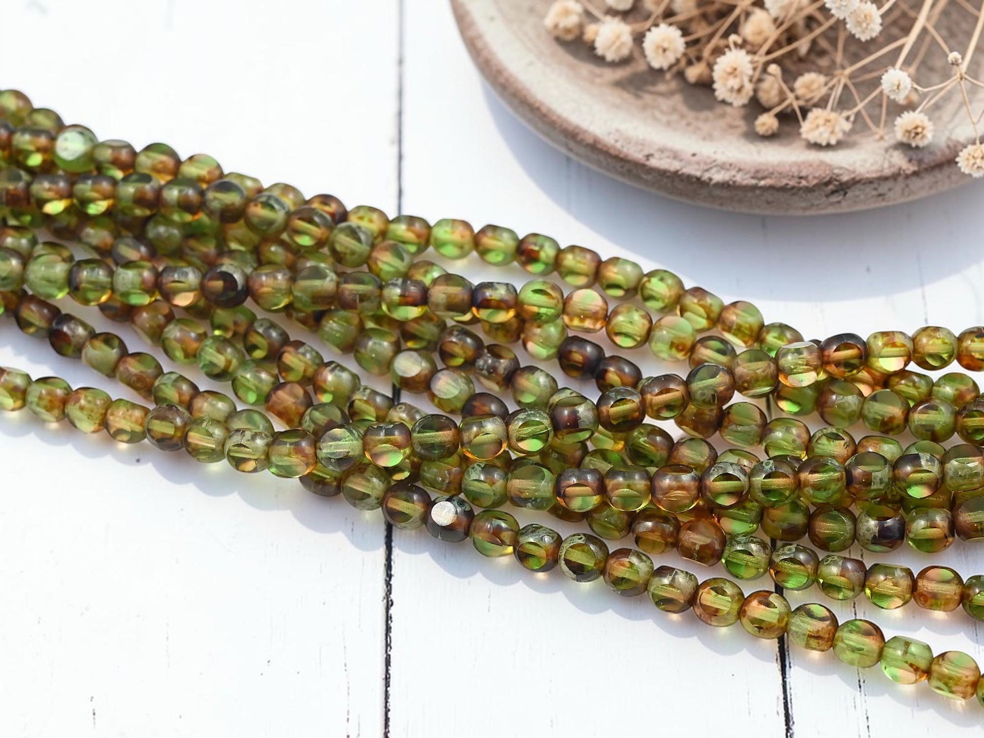 Old Stock Czech Glass 3 Cut Round Glass Beads - Topaz Olivine Picasso - 6mm - 8" Strand - (4194)
