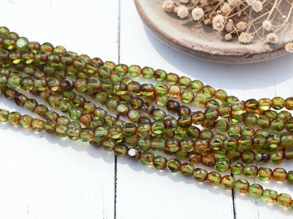 Old Stock Czech Glass 3 Cut Round Glass Beads - Topaz Olivine Picasso - 6mm - 8" Strand - (4194)