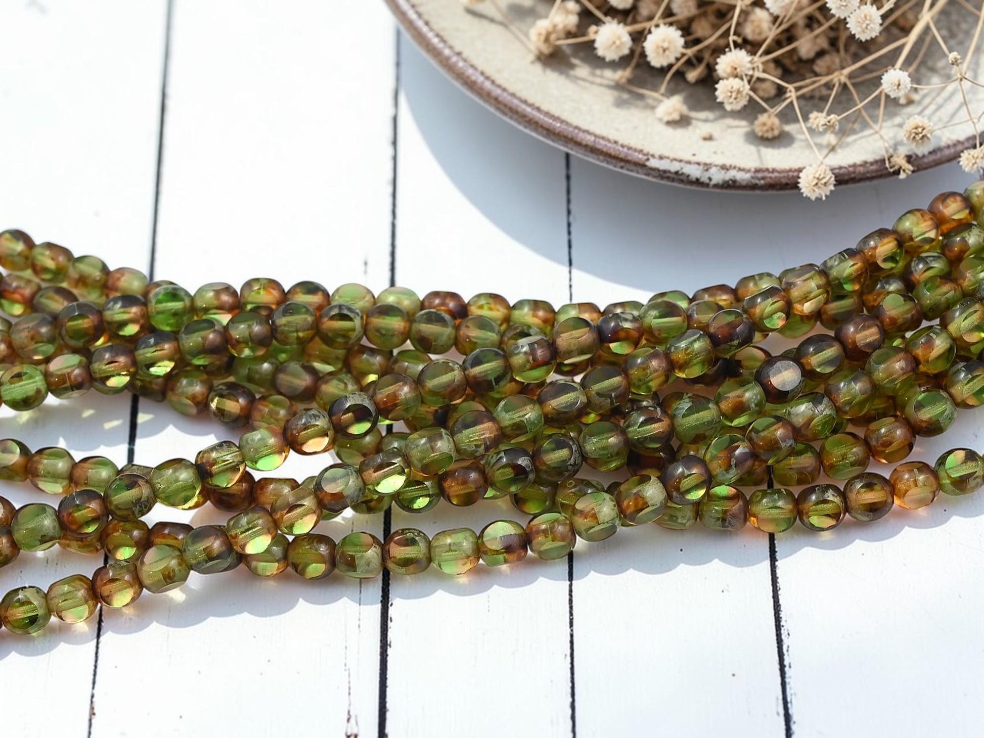 Old Stock Czech Glass 3 Cut Round Glass Beads - Topaz Olivine Picasso - 6mm - 8" Strand - (4194)