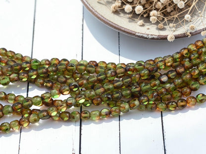Old Stock Czech Glass 3 Cut Round Glass Beads - Topaz Olivine Picasso - 6mm - 8" Strand - (4194)