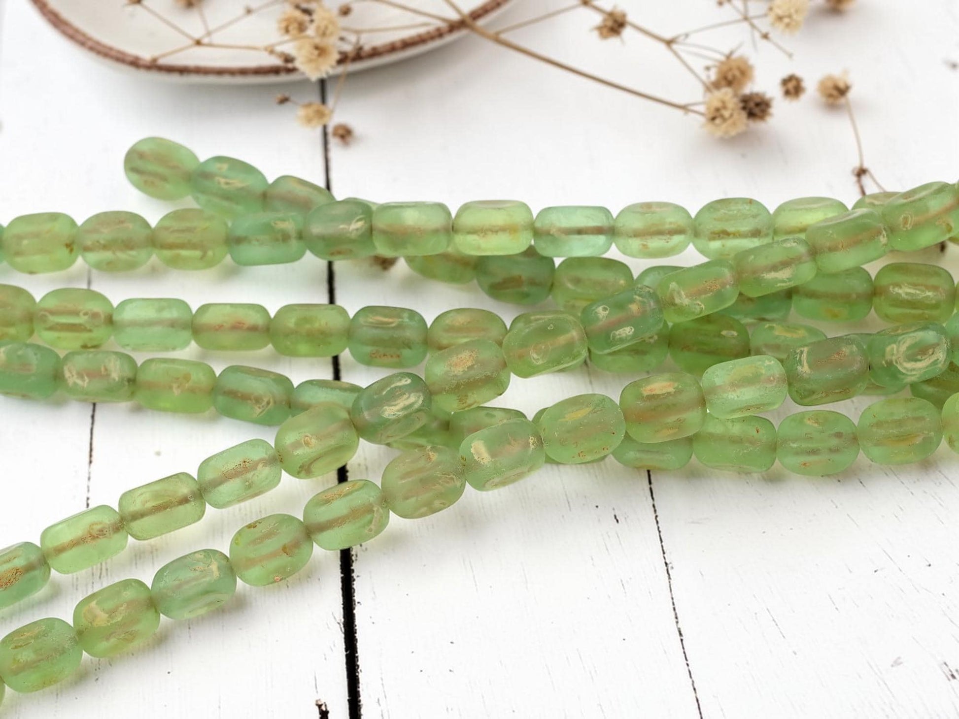 Old Stock Czech Glass Dimpled Rectangle Tube Glass Beads - Matte Olive Green Picasso - 11x7mm - 8" Strand - (B107)