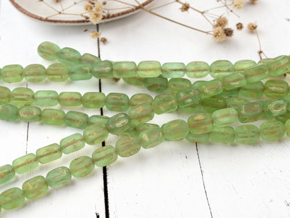 Old Stock Czech Glass Dimpled Rectangle Tube Glass Beads - Matte Olive Green Picasso - 11x7mm - 8" Strand - (B107)