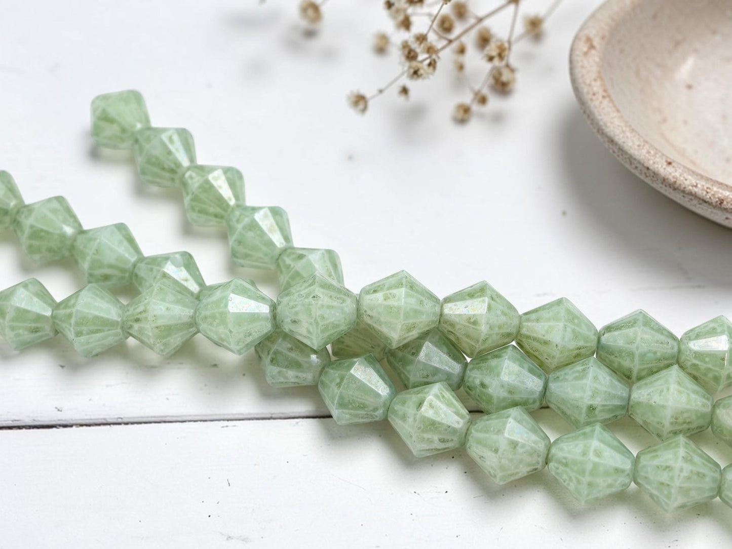 Old Stock Czech Glass Faceted Large Bicone Beads - Green Luster - 6pcs - 15mm - (438)