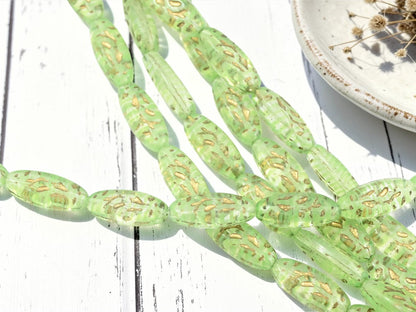 Old Stock Czech Glass Vintage Style Oval Glass Beads - Gold Washed Green Crystal - 19x8mm - 10pcs - 8" Strand - (A72)