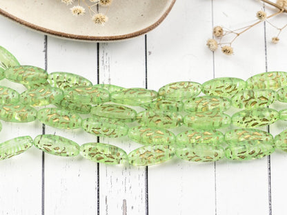 Old Stock Czech Glass Vintage Style Oval Glass Beads - Gold Washed Green Crystal - 19x8mm - 10pcs - 8" Strand - (A72)