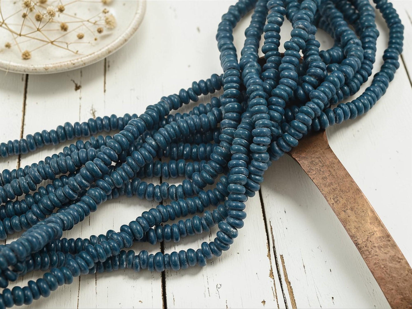 Indonesian Java Glass Beads - Donut Shape - Opaque Teal Blue - Approx 4x7mm - 20" Strand - (B65)