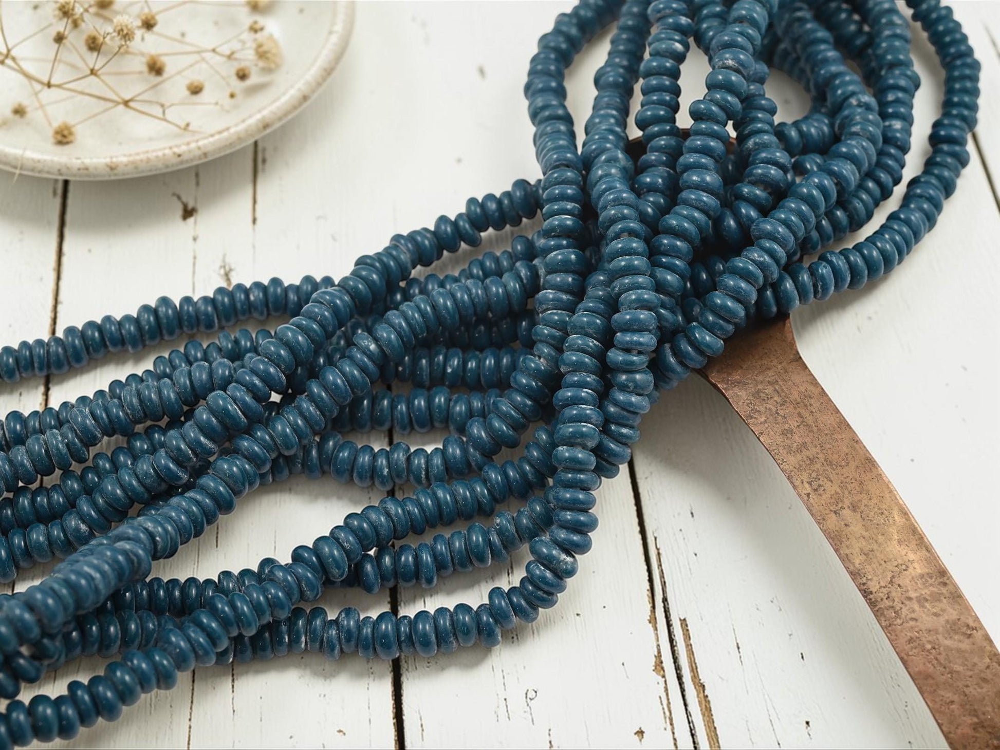 Indonesian Java Glass Beads - Donut Shape - Opaque Teal Blue - Approx 4x7mm - 20" Strand - (B65)