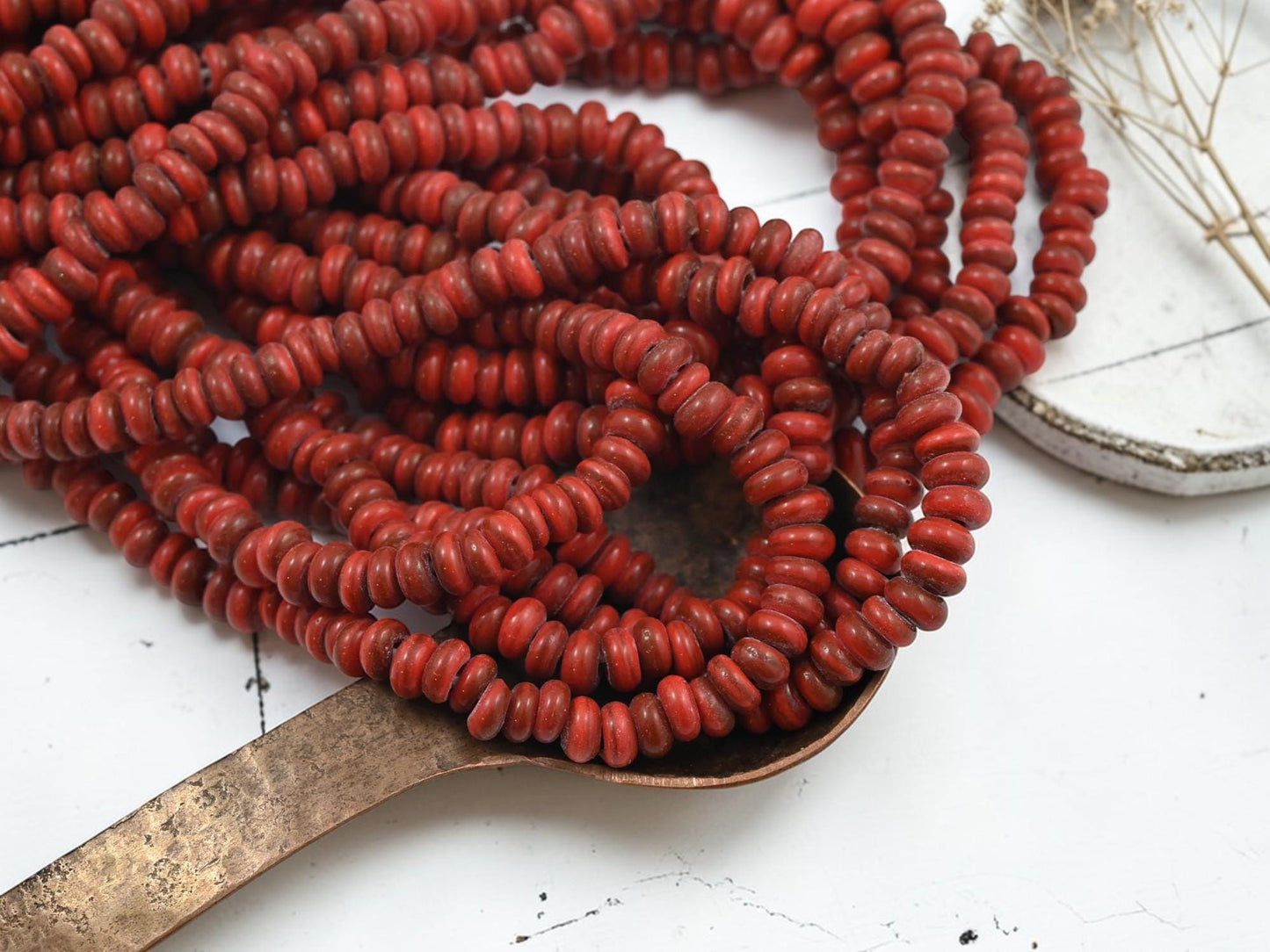 Indonesian Java Glass Beads - Donut Shape - Opaque Red - Approx 4x7mm - 20" Strand - (A46)