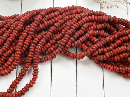 Indonesian Java Glass Beads - Donut Shape - Opaque Red - Approx 4x7mm - 20" Strand - (A46)