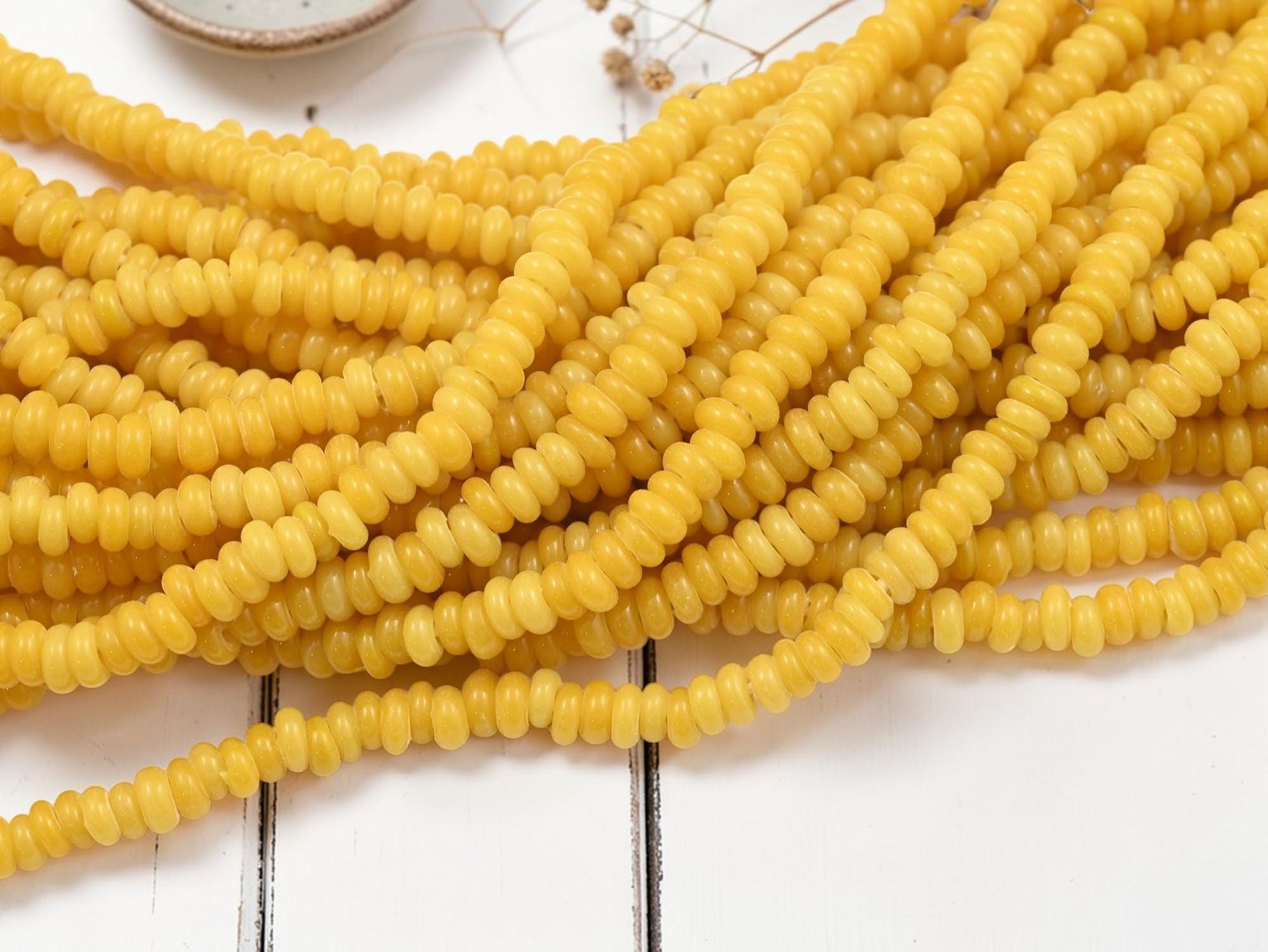 Indonesian Java Glass Beads - Donut Shape - Sunflower Yellow - Approx 4x7mm - 20" Strand - (2345)