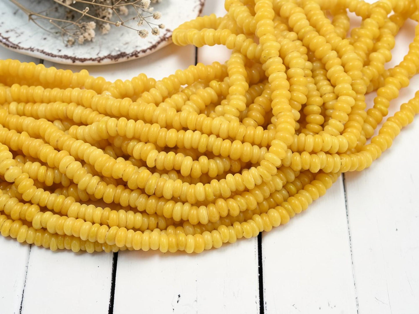 Indonesian Java Glass Beads - Donut Shape - Sunflower Yellow - Approx 4x7mm - 20" Strand - (2345)