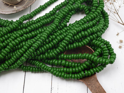 Indonesian Java Glass Beads - Donut Shape - Opaque Green - Approx 4x7mm - 20" Strand - (B324)