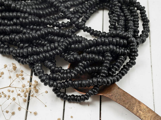 Indonesian Java Glass Beads - Donut Shape - Opaque Black - Approx 4x7mm - 20" Strand - (B437)