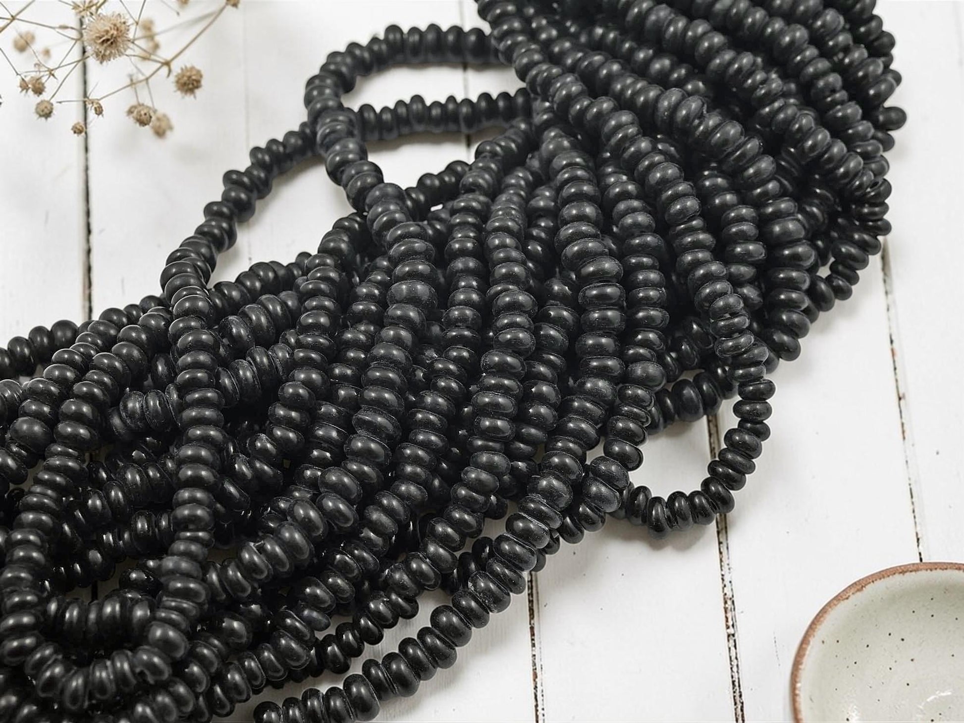 Indonesian Java Glass Beads - Donut Shape - Opaque Black - Approx 4x7mm - 20" Strand - (B437)
