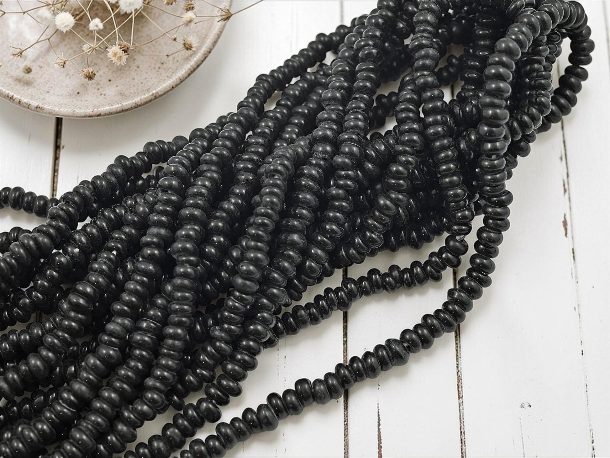 Indonesian Java Glass Beads - Donut Shape - Opaque Black - Approx 4x7mm - 20" Strand - (B437)