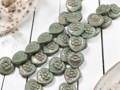 Czech Glass Vintage Style Floral Heart Beads - Copper Washed Turquoise - 17mm - 8pcs - (B50)